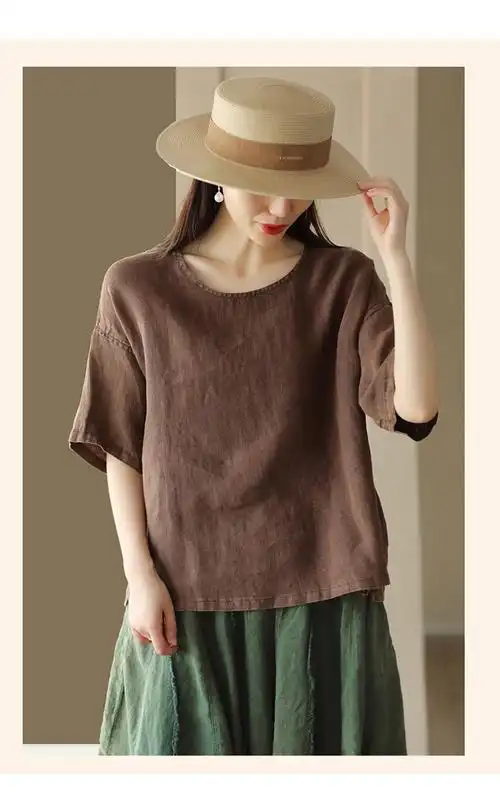 亚麻炒色大码韩版上衣女文艺100%套头衫休闲t恤宽松短袖 - 17网