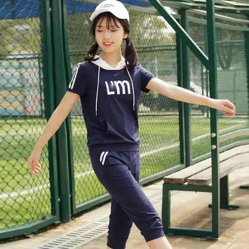 学生初中生女装七分裤少女孩运动套装夏季韩版套装短袖连帽卫衣女