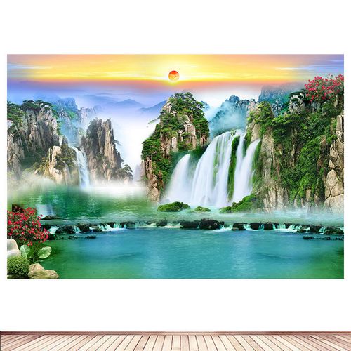 瀑布客厅装饰画旭日东升风水招财山水画办公室墙贴画壁画自粘画