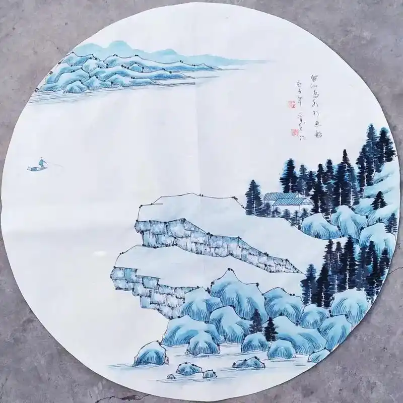 自作青花山水画《留仙岛外打鱼船》 - 抖音