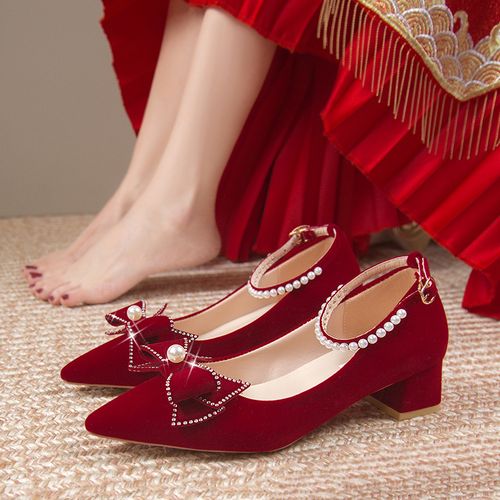 红色粗跟结婚鞋女秀禾服婚纱两穿2022年新款新娘鞋不累脚孕妇可穿