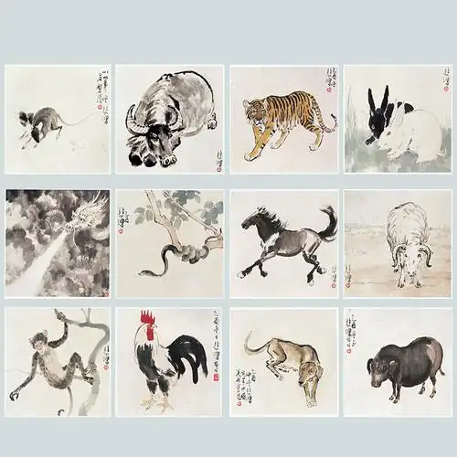 徐悲鸿民族风十二生肖装饰画水墨画书房自粘挂画龙虎鸡马走廊壁画