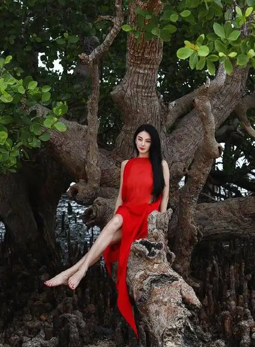 张雨绮36岁生日大片曝光!赤脚红裙在非洲雨林感受大自然,绝美!