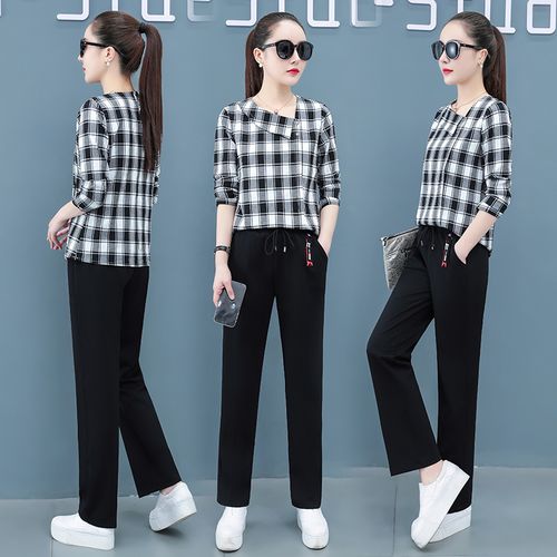 套装女2021年春秋洋气减龄时尚气质格子衬衫休闲装两件套搭配裤子