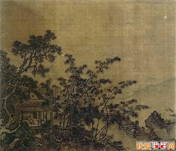 夏圭《梧竹溪堂图》_描绘梧桐树和竹林掩映下茅舍居所的水墨山水