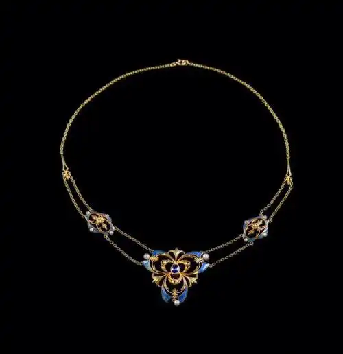 法国1900年古董18k金镶蓝宝石野生珍珠项链