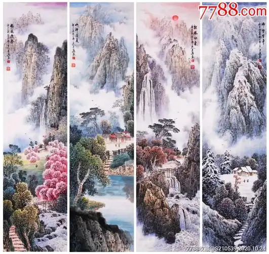 张月岗收藏级别精品力作,春夏秋冬条屏-人物国画原作-7788书画网