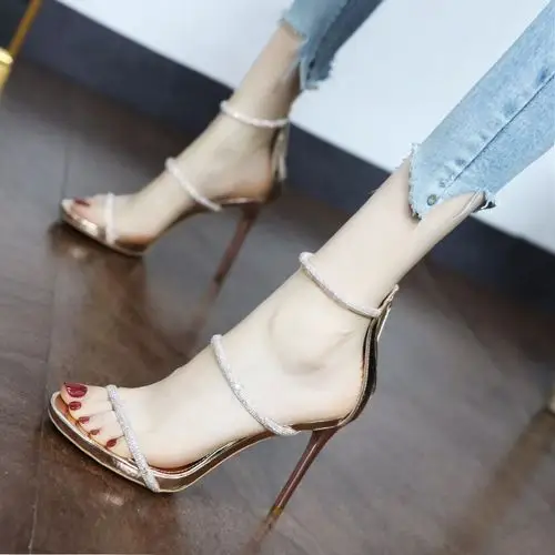 简约一字带高跟鞋2021新款防u水台后拉链水钻细跟百搭宴会凉鞋礼