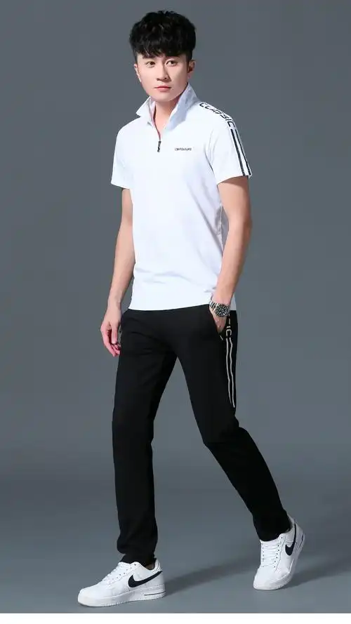 polo衫t恤男短袖长裤休闲两件套夏季套装男士运动服潮流夏天衣服 白色