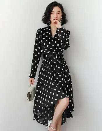 黑色波点雪纺长袖连衣裙2019新款女装春装名媛气质欧洲站职业裙子