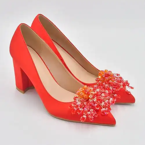 优拉潘 红色新娘鞋水晶婚鞋 缎面粗跟高跟鞋婚纱秀禾两穿单鞋 a50