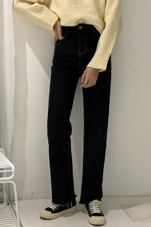 牛仔裤女百搭修身显瘦高腰黑色直筒裤子秋冬老爹宽松深色明线长裤