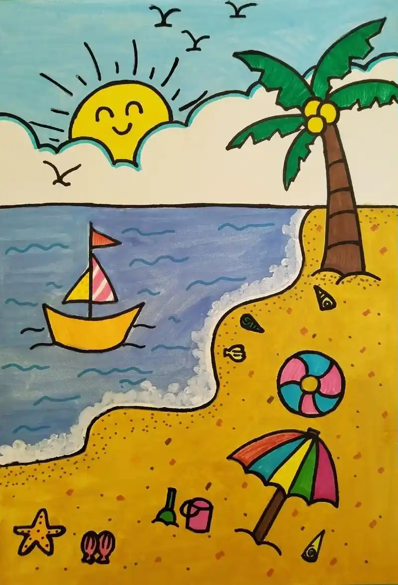 夏日海滩 适合5-8岁宝宝 #简笔画 #绘画 #创意美术 # - 抖音