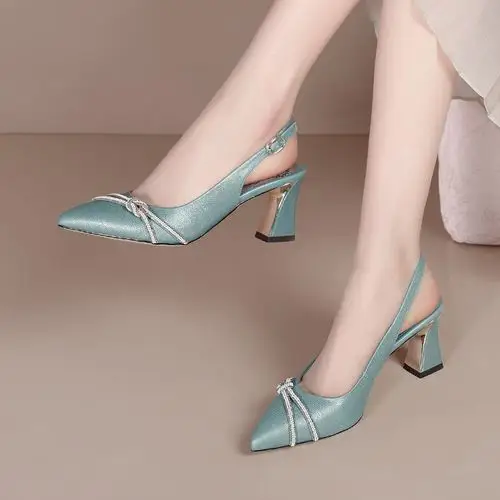 mudiao]高跟鞋女包头凉鞋夏季2021新款女鞋真皮水钻扣粗跟鞋子女尖头