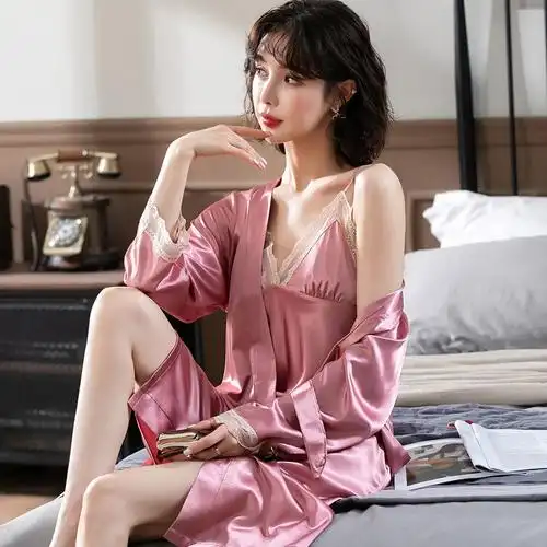 黛美儿春秋睡衣女士薄款冰丝性感情趣吊带胸垫睡裙女夏天两件套装睡袍