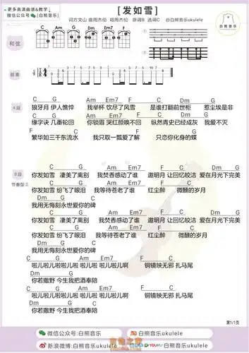 周杰伦发如雪尤克里里弹唱谱白熊音乐