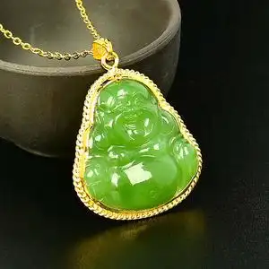 碧玉佛吊坠足金镶玉和田玉佛公玉石项链玉坠弥勒佛999黄金纯金