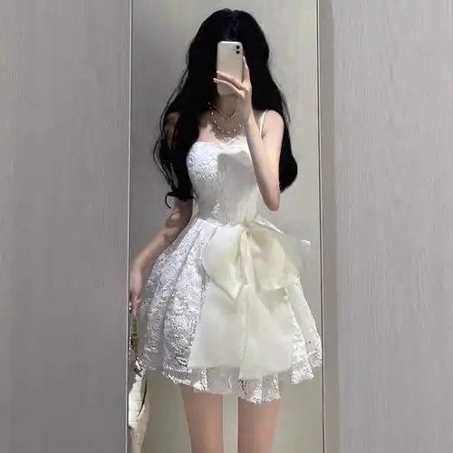 实拍蕾丝抹胸连衣裙女夏新款绝美小裙子超好看收腰气质蓬蓬裙 - 17网