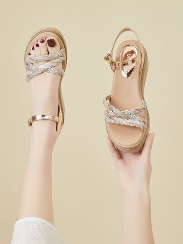 风凉鞋女2023夏季新款坡跟厚底女鞋露趾防水台高跟水钻时装鞋 金色 35