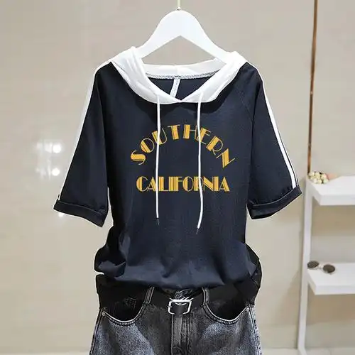 t恤女韩版新款女士连帽上衣夏装纯棉短袖2024年夏季女装宽松大码