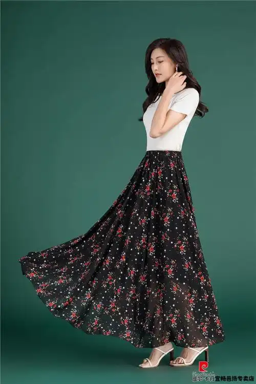 皮尔卡丹品牌高档女装雪纺半身裙长裙新款夏季裙子女气质a字百褶花色