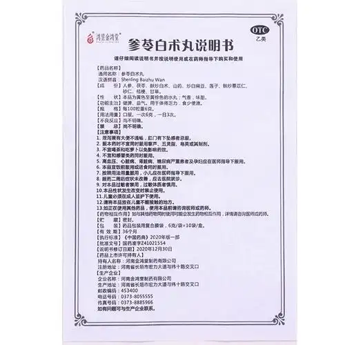 长垣鸿昱金鸿堂参苓白术丸6g10袋盒otc新旧包装随机发货1盒装