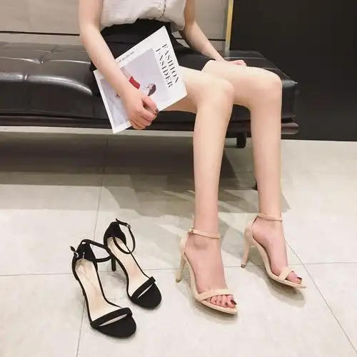夏季一字高跟超高新品少女百搭简约细跟性感时装凉鞋