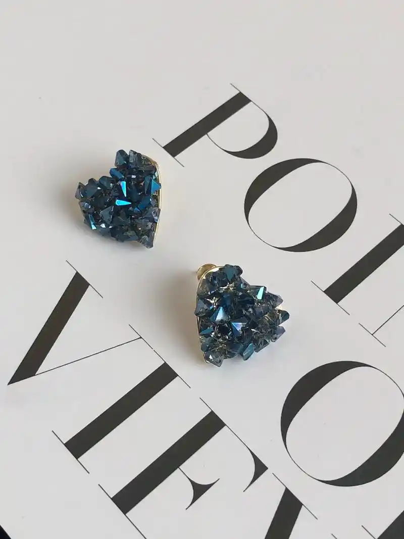 暗蓝碎钻流光溢彩蓝色切面碎钻耳环