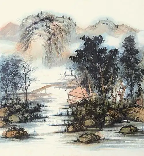 【小桥流水 镜框 设色纸本】拍卖品_图片_价格_鉴赏_绘画_雅昌艺术品