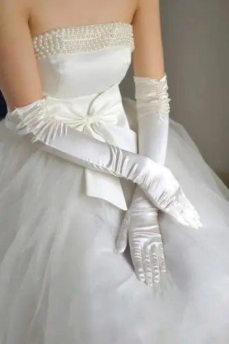 新娘结婚纱手套缎面双排珠长手套 s010