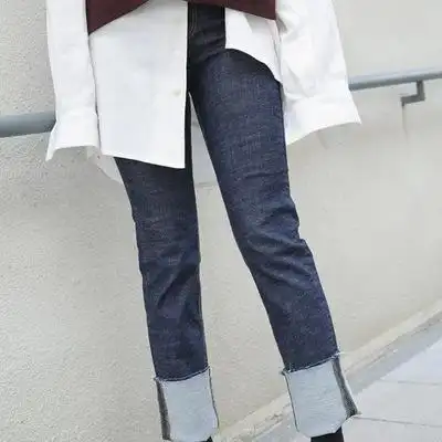 休闲牛仔裤_高腰显瘦弹力翻边卷裤脚九分小脚裤气质休闲牛仔裤
