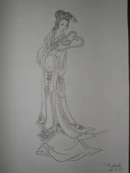 求画古典美女的线条画简笔画 手绘 线稿 7001026 竖版 竖屏古装美女