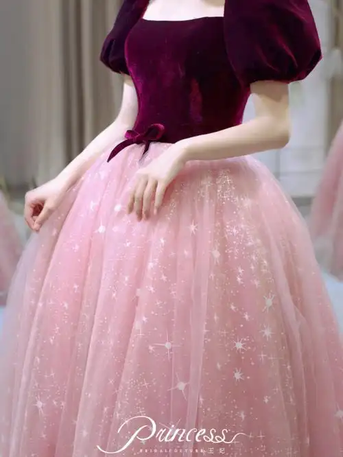 甜美气息扑面而来70粉嫩的礼服裙91胸部以下拼接粉色网纱77星空