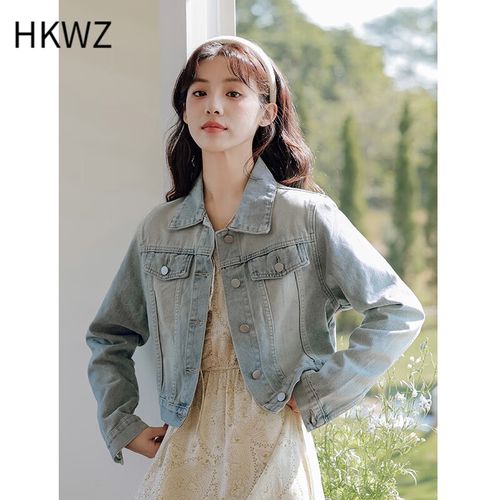 hkwz牛仔外套女春装搭配一整套短款上衣法式碎花连衣裙两长裙套装