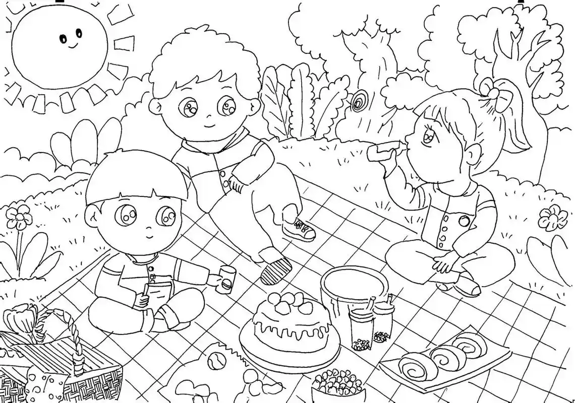 野餐春游儿童画线稿 野餐啦