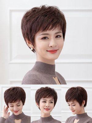 新假发女短发全头套造型纹理烫全手d织真人发丝斜刘海假发女短真