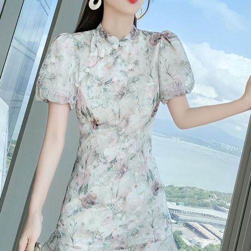 2021夏季新款女装温柔初恋显瘦印花裙子法式复古旗袍改良版连衣裙