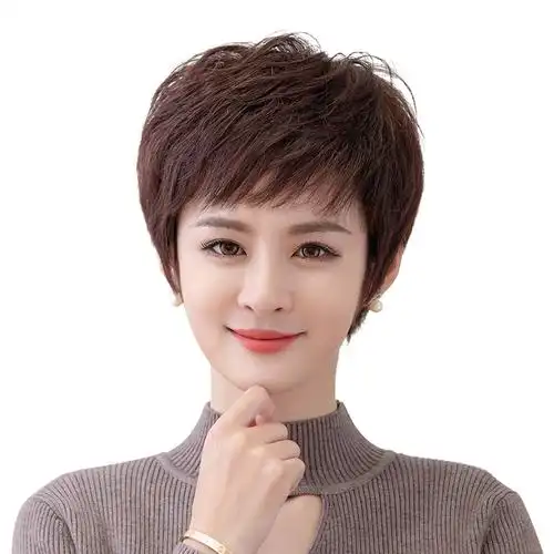 假发女短发全头套造型纹理烫全手织真人发丝斜刘海假发女短真发套