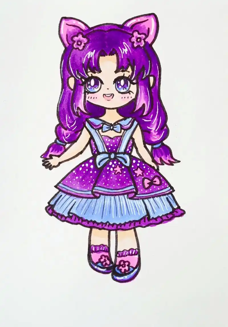 可爱猫耳紫发女孩简笔画教程.一起来画可爱猫耳紫发女孩#绘画 - 抖音