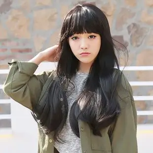 假发 时尚女齐刘海逼真蓬松高温丝长卷假发齐 假发女微卷自然层次长发