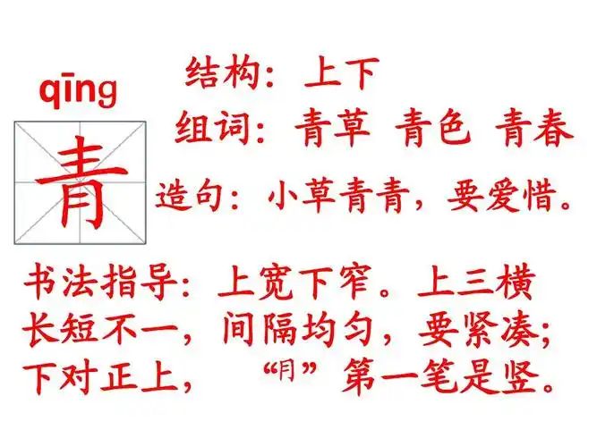 语文上册识字六1二会字笔顺ppt 笔顺动画 qīnɡ 结构:上下 组词:青草
