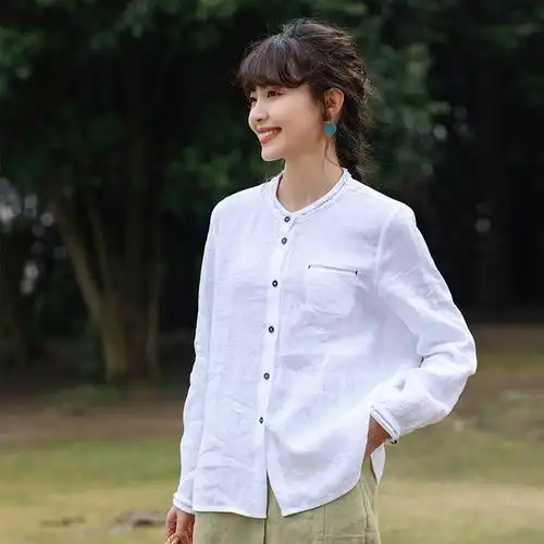 亚麻白衬衫长袖女
