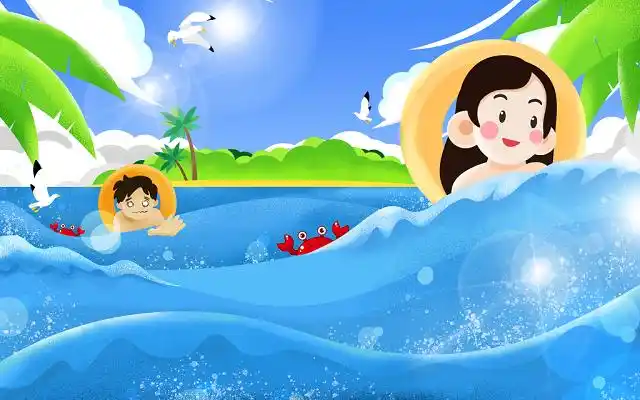 夏天大暑原创插画海报游泳培训蓝色海洋卡通海报彩色手绘卡通夏日海边