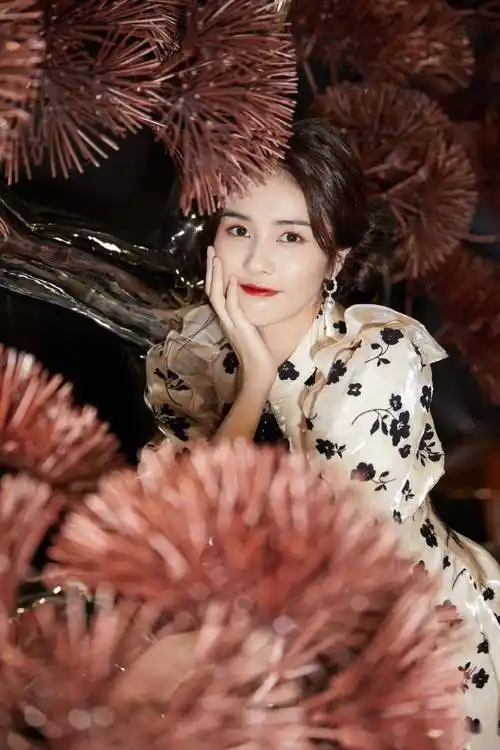 白鹿穿印花素雅旗袍气质温婉 扎双丸子头俏皮可爱_黑色_眼神_扇面