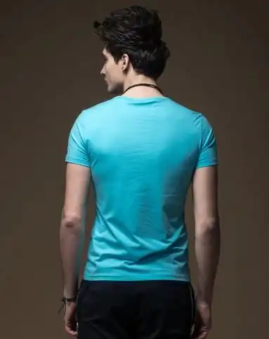 中蓝色时尚修身圆领短袖t恤