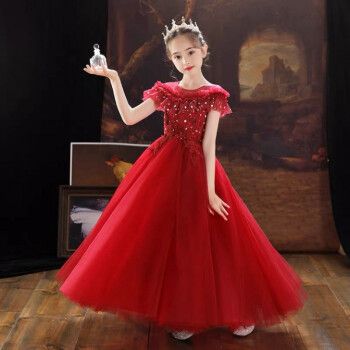女童礼服洋气公主裙小女孩生日花童婚纱儿童主 009红色长款(皇冠) 100