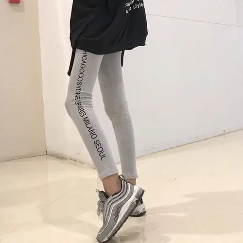 热卖新品紧身抖音薄款社会防透休闲简约灰色打底裤女外穿带字母_不