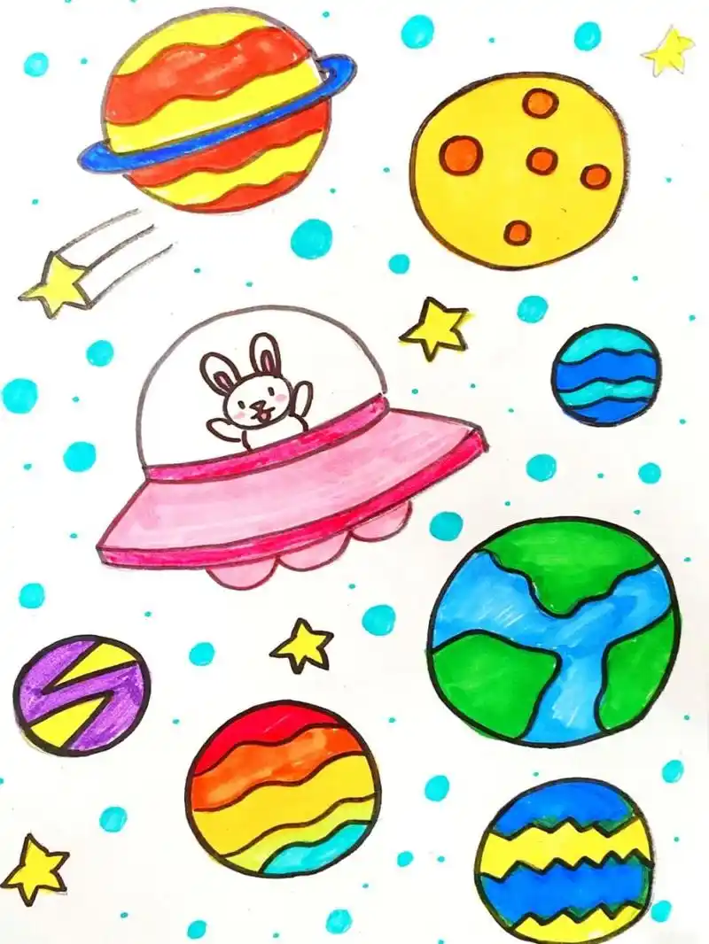 星球儿童画 #马克笔# #卡通画# #儿童画# #星球儿童画# #外太空儿童画