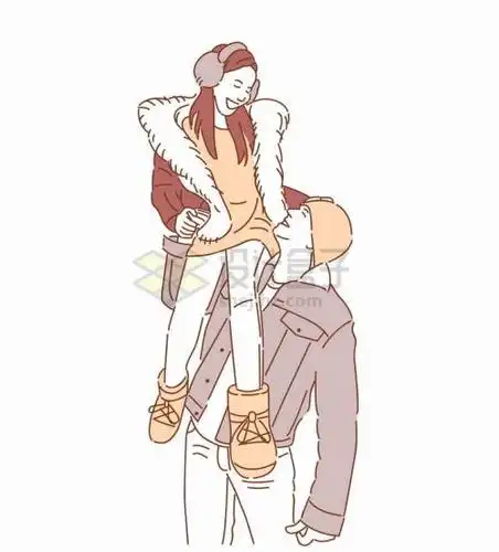 坐在男朋友肩上的女朋友秀恩爱情侣手绘线条插画png图片素材