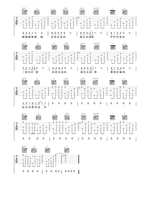 你若成风吉他谱-许嵩-c调原版编配-吉他弹唱六线谱